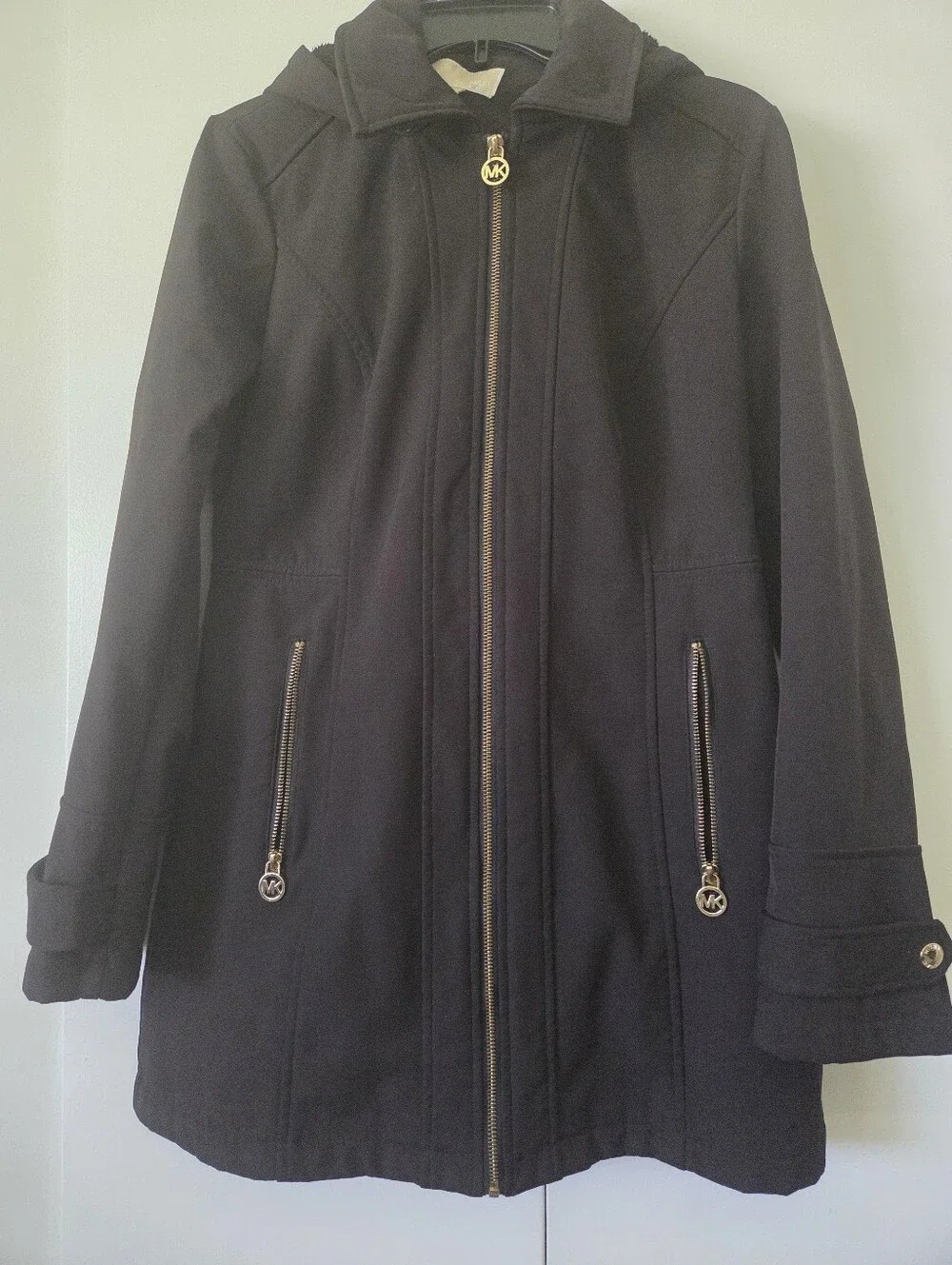 Michael Kors Black Zip-Front Pea Coat with Gold MK Accents